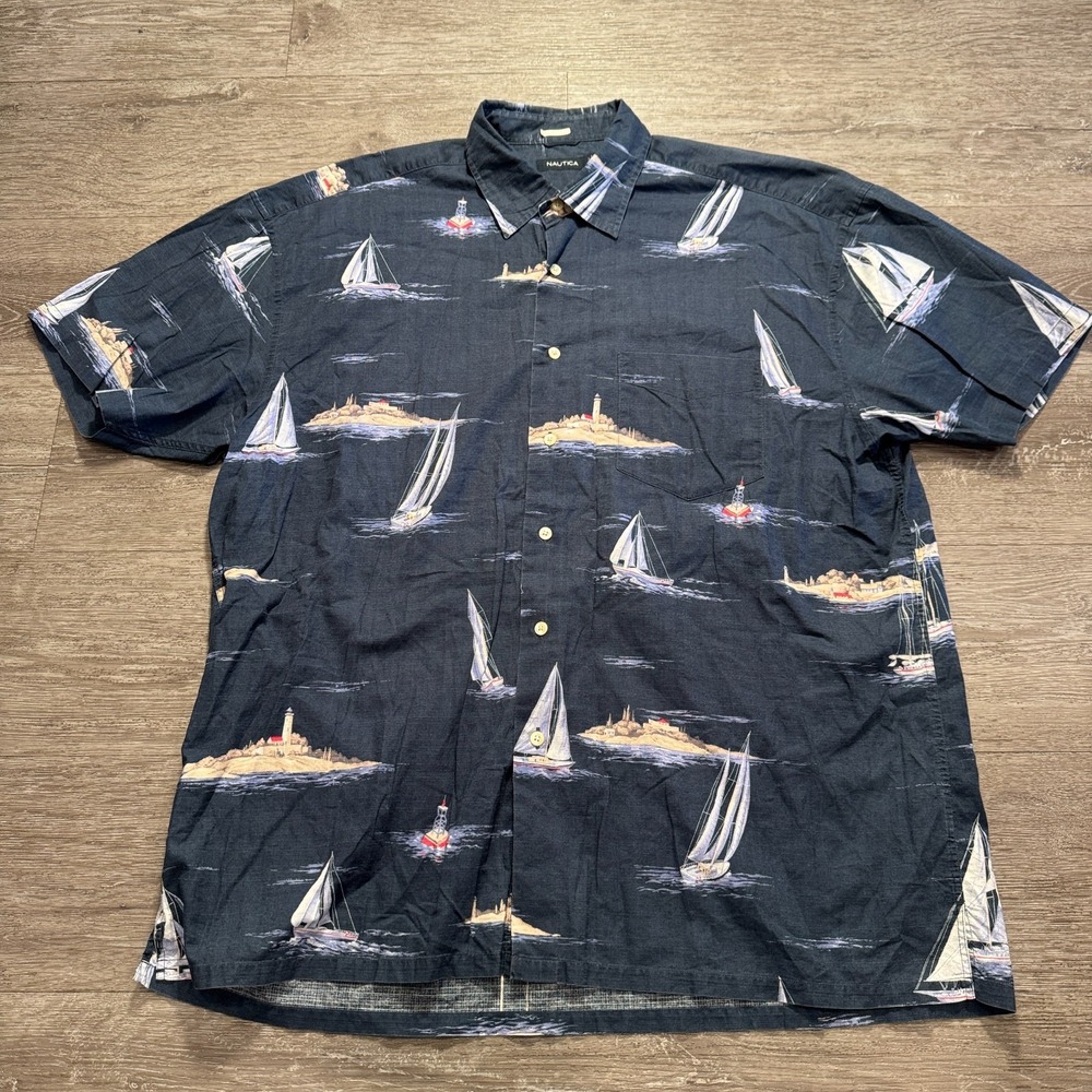 Nautica Shirt Mens XXL Blue Over Print‎ Sailing Sail Boat Short Sleeve Cotton